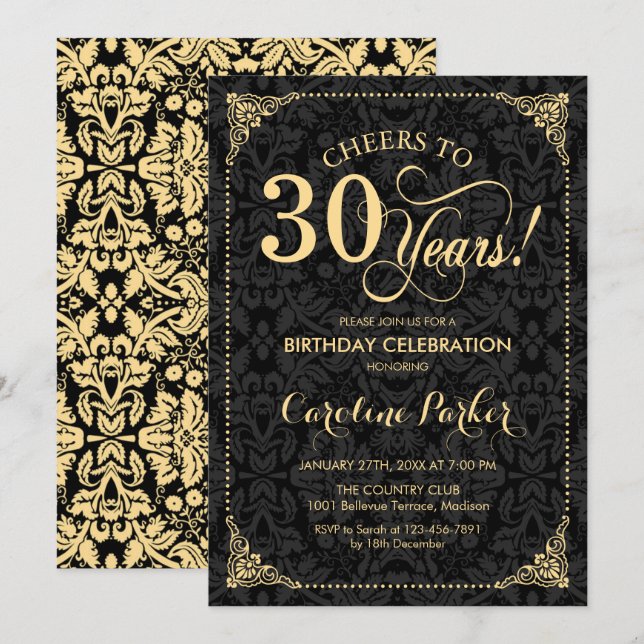 30th Birthday - Gold Black Damask Invitation (Front/Back)
