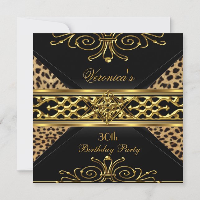 30th Birthday Gold Black Gold Art Deco Leopard Invitation (Front)