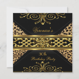 30th Birthday Gold Black Gold Art Deco Leopard Invitation