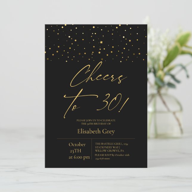 30th Birthday Gold Black Modern  Invitation (Standing Front)
