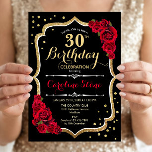 30th Birthday - Gold Black Red Roses Invitation