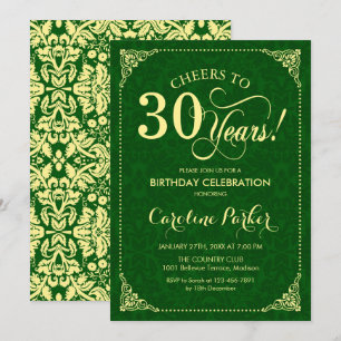 30th Birthday - Gold Green Damask Invitation