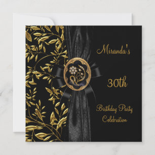 30th Birthday Gold Jewel Floral Black Bow Invitation