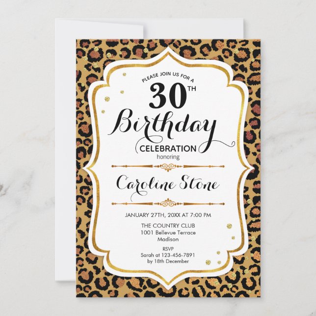 30th Birthday - Gold Leopard Print Invitation (Front)