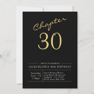 30th Birthday Gold Modern Script Black Invitation