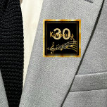 30th birthday gold music notes on chic black 15 cm square badge<br><div class="desc">Elegant black coloured background with faux gold music notes and a faux gold frame for a 30th birthday party for both him and her. Templates for age and name.  Golden letters and number.</div>