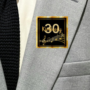30th birthday gold music notes on chic black 15 cm square badge
