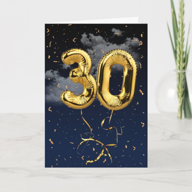 30th Birthday Gold Mylar Balloon and Confetti Card (Front)