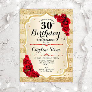 30th Birthday - Gold Stripes Roses Invitation