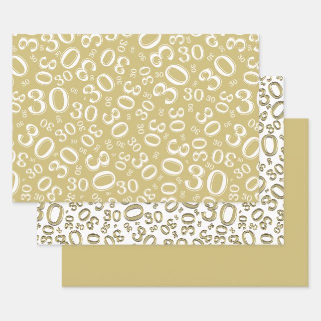 30th Birthday Gold & White Number Pattern 30 Wrapping Paper Sheet (Set)