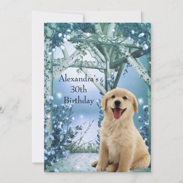 30th Birthday Golden Retriever Winter Blue Invitation (Front)