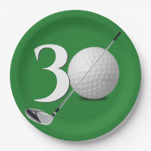 30th Birthday Golf Ball and Club On Green Paper Plate