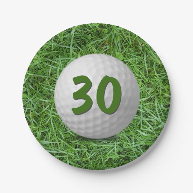 30th Birthday Golf Ball on Grass  Paper Plate (Front)
