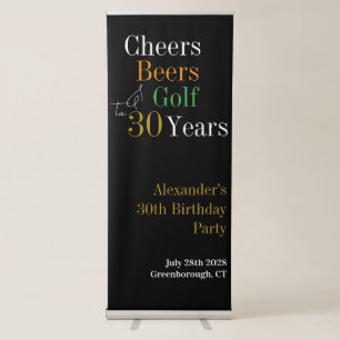 30th Birthday Golf Cheers Beers Black Gold Party Retractable Banner