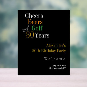 30th Birthday Golf Cheers Beers Black Gold Welcome Acrylic Sign
