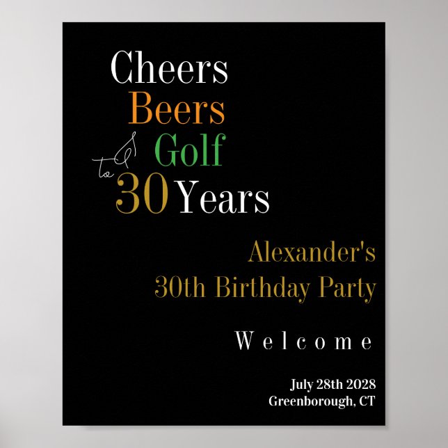 30th Birthday Golf Cheers Beers Black Gold Welcome Poster (Front)