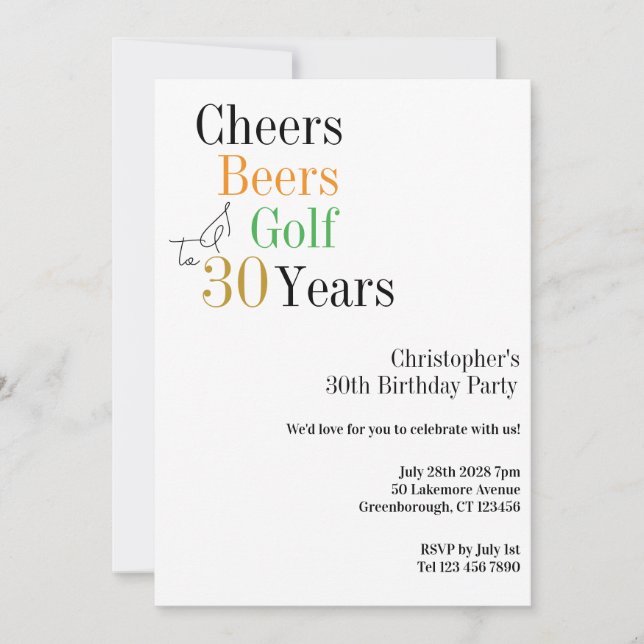 30th Birthday Golf Cheers Beers Minimal Party Invitation (Front)