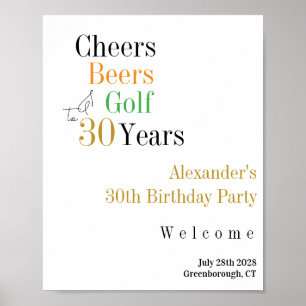 30th Birthday Golf Cheers Beers Party Welcome Poster