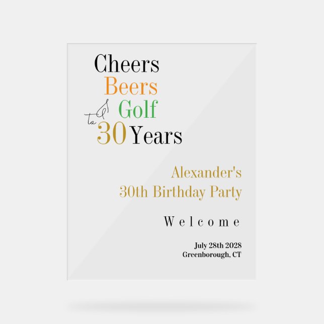 30th Birthday Golf Cheers Beers Party Welcome Sign (Front)
