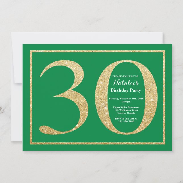30th Birthday Green and Gold Glitter Invitation (Front)