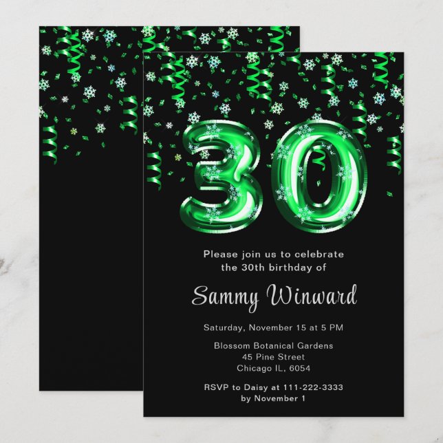 30th Birthday Green Balloons Snowflake Confetti Invitation (Front/Back)