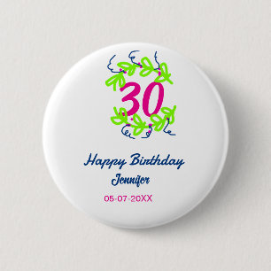 30th birthday green blue wreath name date rustic b 6 cm round badge
