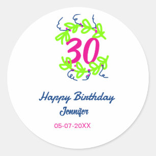 30th birthday green blue wreath name date rustic b classic round sticker