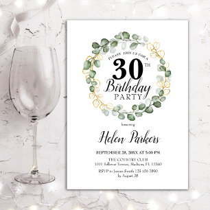 30th Birthday - Green Eucalyptus Foliage Wreath Invitation
