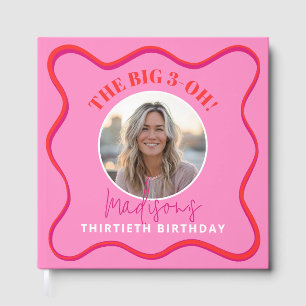 30th Birthday Guest Book Colorful Wavy Red Pink