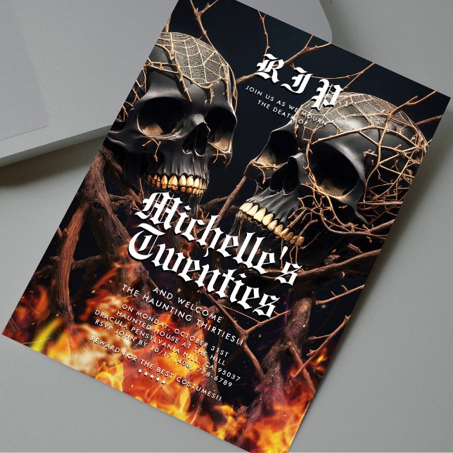 30th Birthday Halloween Black Gold Skull Modern Invitation (30th Halloween Birthday Black Gold Skull Modern Invitation
)
