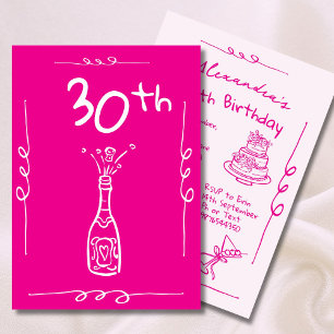 30th Birthday Hand Drawn Pink Whimsical Invitation