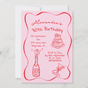 30th Birthday Hand Drawn Red Pink Whimsical  Invitation