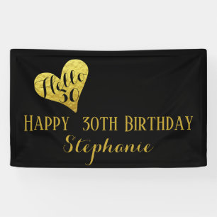30th Birthday Hello 30 Black and Faux Gold Heart Banner