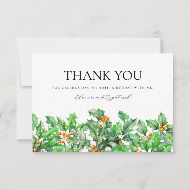 30th Birthday Holly December Birth Flower Custom Thank You Card (Front)