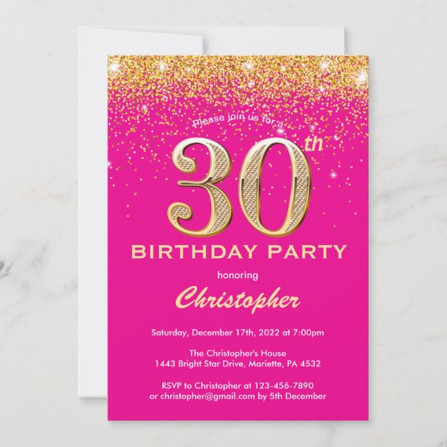 30th Birthday Hot Pink and Gold Glitter Confetti Invitation (Front)