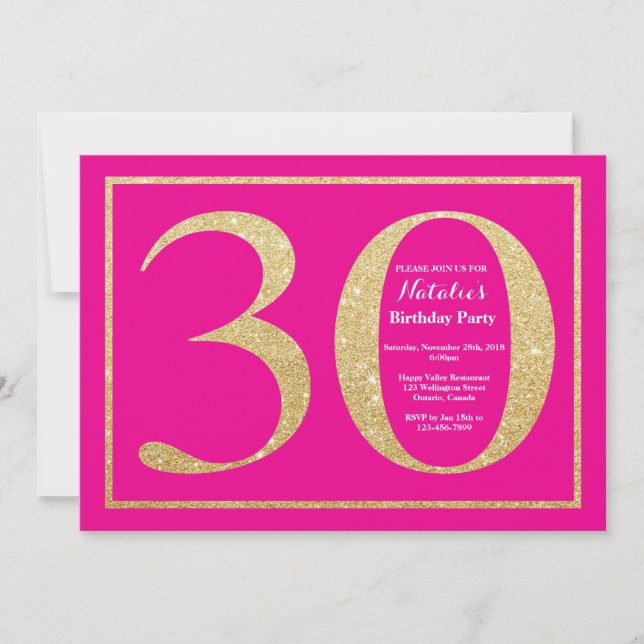 30th Birthday Hot Pink and Gold Glitter Invitation (Front)