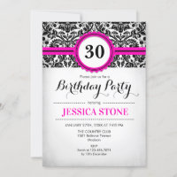 30th Birthday - Hot Pink Black White Damask