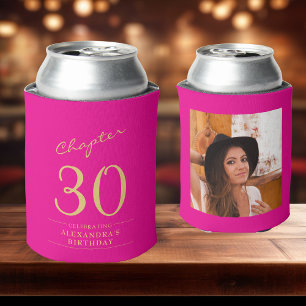 30th Birthday Hot Pink Gold Photo Template Can Cooler