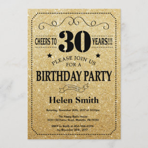 30th Birthday Invitation Black and Gold Glitter