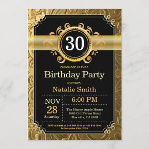 30th Birthday Invitation Black and Gold Glitter