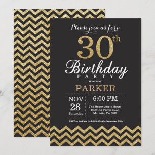 30th Birthday Invitation Black and Gold Glitter