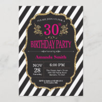 30th Birthday Invitation. Black and Gold Glitter
