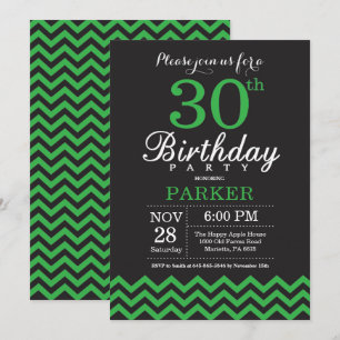 30th Birthday Invitation Black and Green Chevron