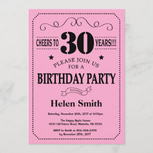 30th Birthday Invitation Black and Pink