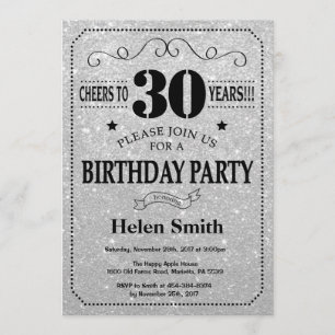30th Birthday Invitation Black and Silver Glitter