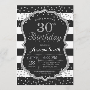 30th Birthday Invitation. Black and Silver Glitter Invitation