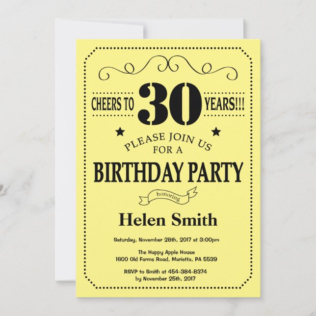 30th Birthday Invitation Black and Yellow (Front)
