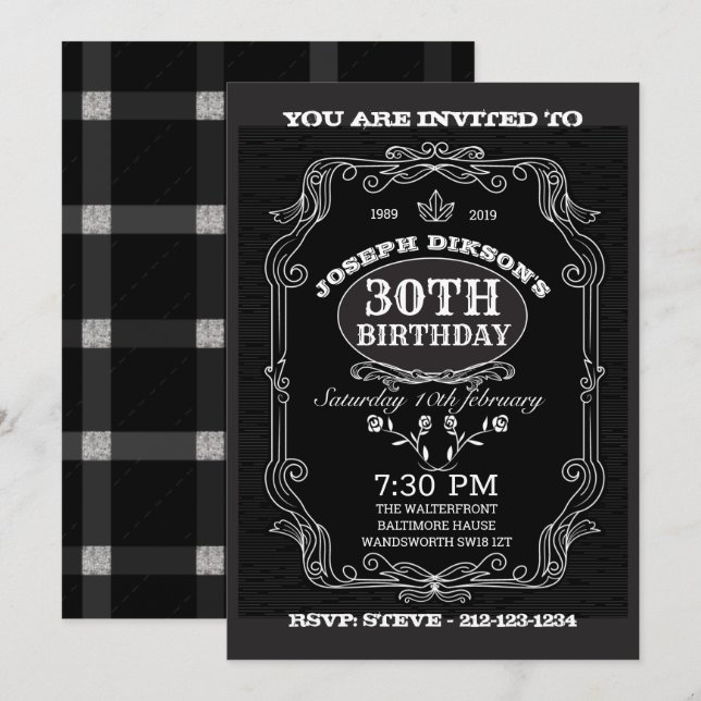 30th BIRTHDAY INVITATION,  Black & grey Whisky lab Invitation (Front/Back)