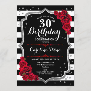 30th Birthday Invitation Black White Stripes Roses