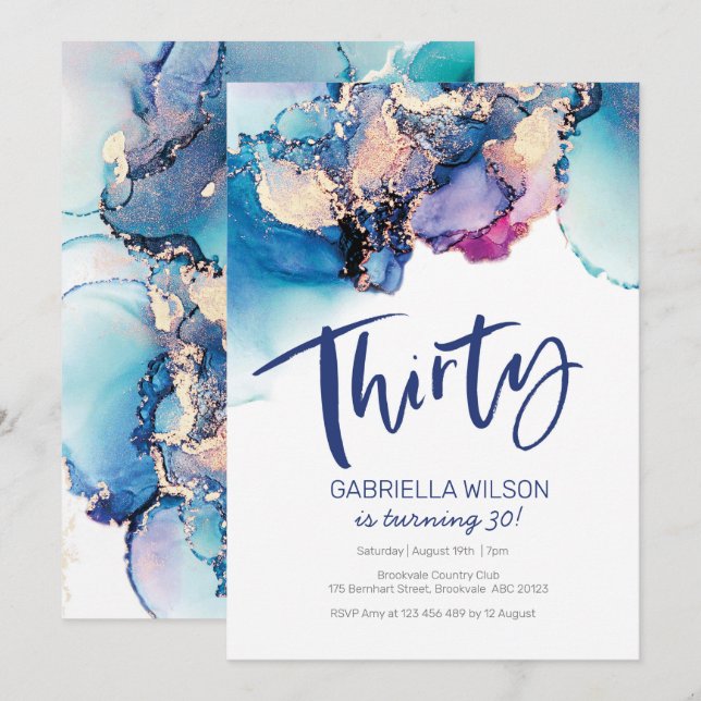 30th Birthday Invitation Blue Abstract Watercolor (Front/Back)